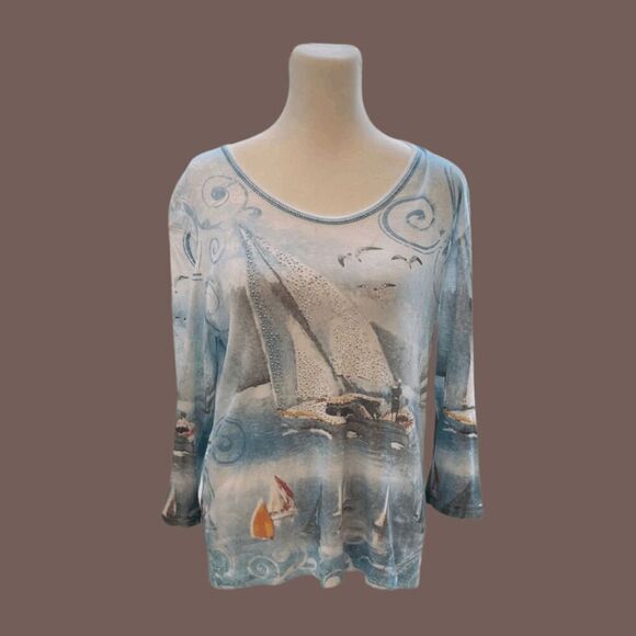Y2K Cactus Bay Women's Rhinestone Sailboat 3/4 Sleeve Top Light Blue Sz. S - Picture 1 of 5